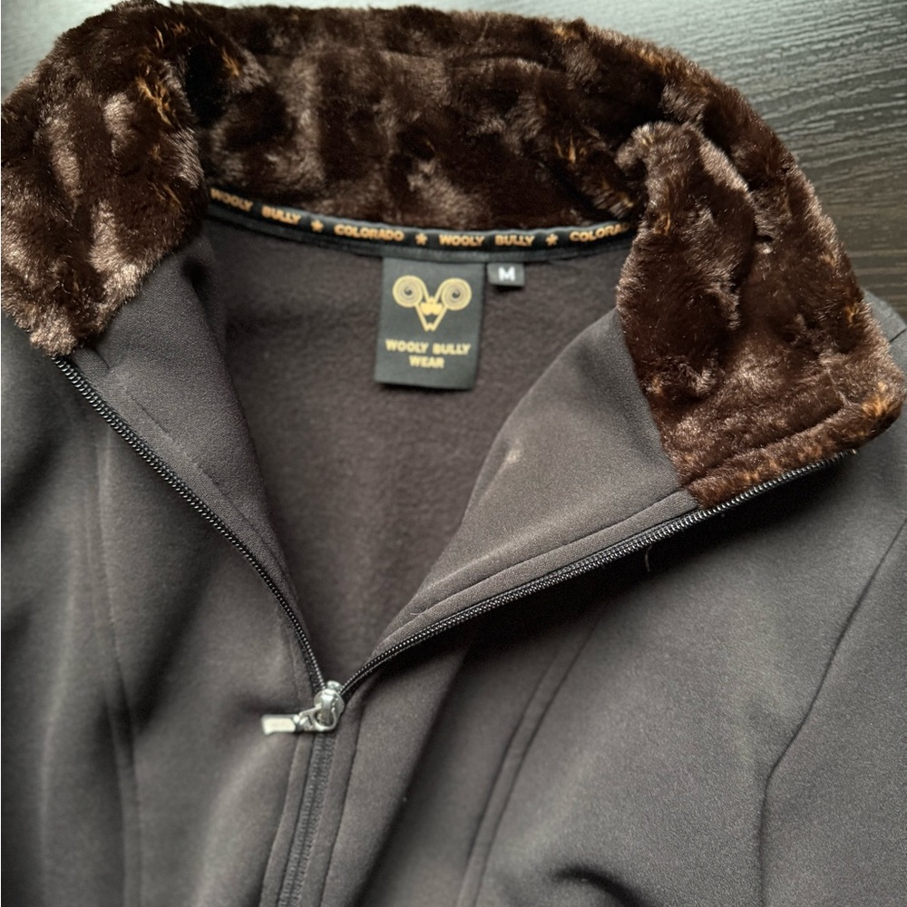 Woolly Bully Black Faux Fur Trim Softshell Jacket Fleece Lined Women’s M